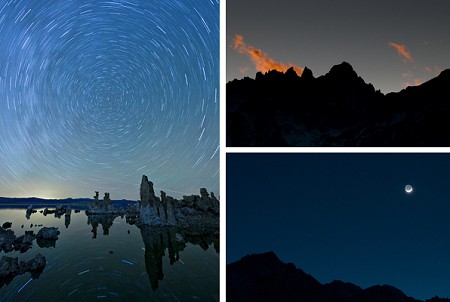 Nächtliche Motive: Sternspuren (© 2009 Rick Trautner) am Mono Lake; Wolkentreiben im Sonnenuntergang am Mount Whitney und von der Erde beschienener Mond über Lone Pine Peak (© 2009 PS)